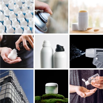 A collage of different product types and categories, for example aerosol, mousse, wax,IBC, spray and cream.